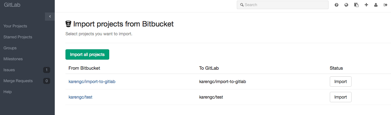 Import projects from bitbucket · Importing · Workflow · Help · GitLab